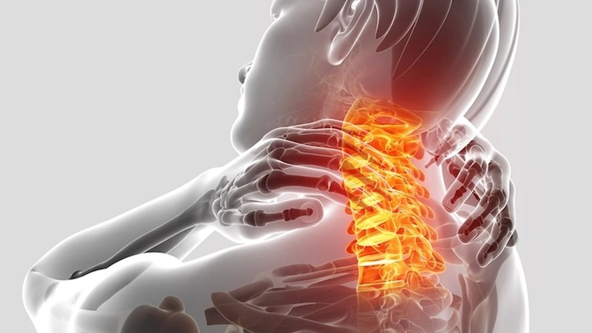 Boynunu iki eliyle tutan kişide boyun omurlarının turuncu vurgulandığı anatomik görselleştirme